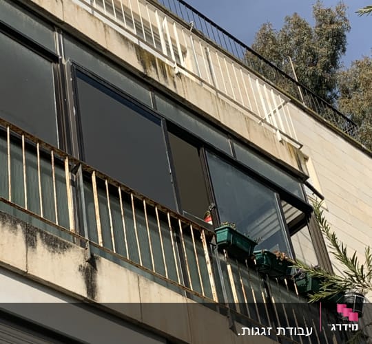 חלונות זכוכית במרפסת בניין עם עציצים ירוקים